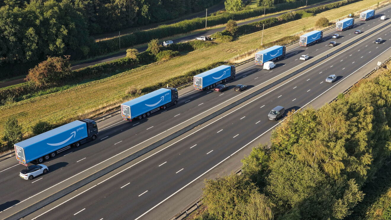 Amazon branded eHGVs travelling in convoy