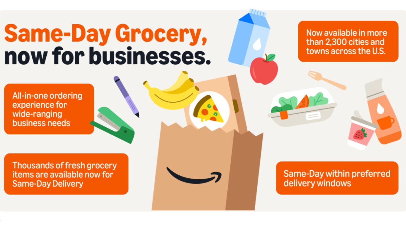 Amazon Same-Day Grocery service for businesses featuring grocery bag with bananas, apple, pizza slice, and office supplies