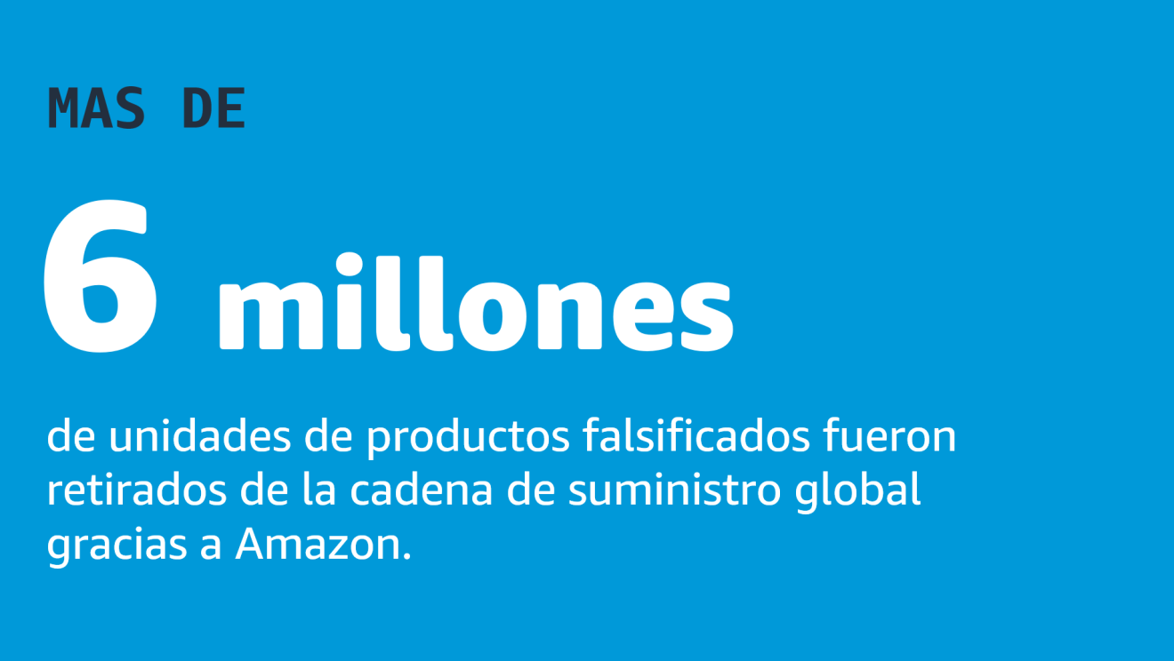 Sobre un fondo azul, en letras blancas el texto: 6 millones de unidades de productos falsificados fueron retirados de la cadena de suministro global gracias a Amazon. 