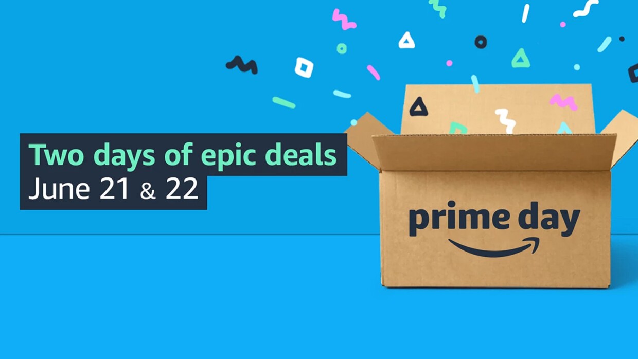 Prime Day 2021 banner with a brown box, against a blue background
