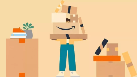 黄色いセーターを着ている人がAmazonのダンボール箱を持っているイラスト