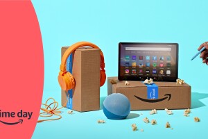 Graphic image of a speaker, headphones, and tablet for Prime Day.