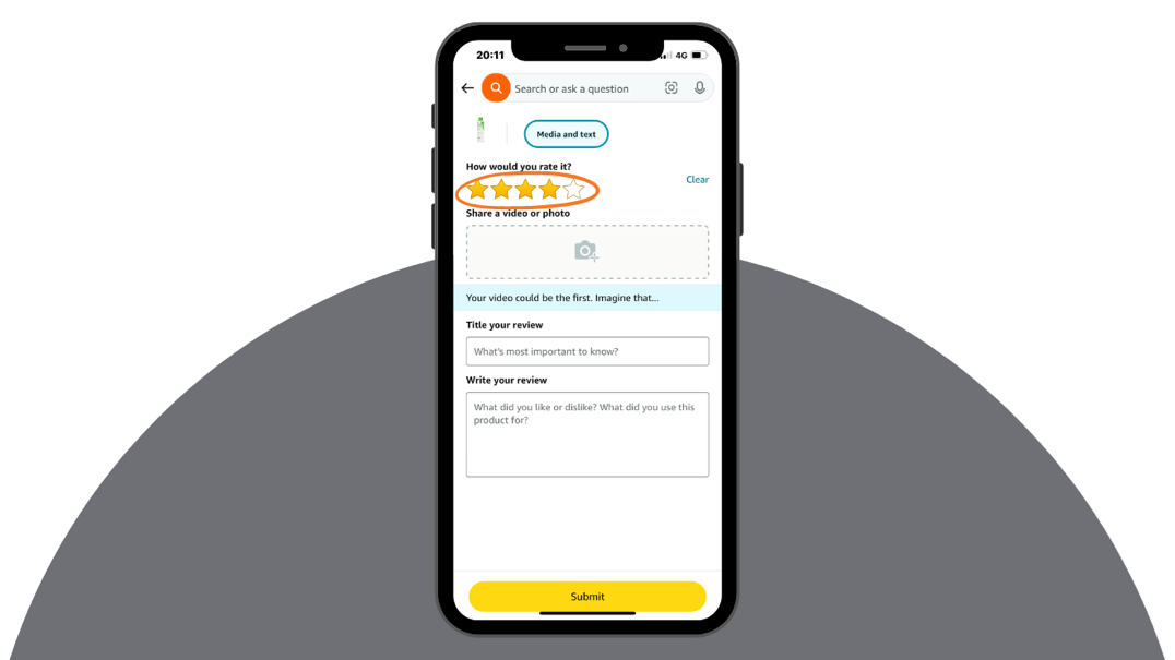 Mobile screen showing how to rate an item when leaving a review on Amazon