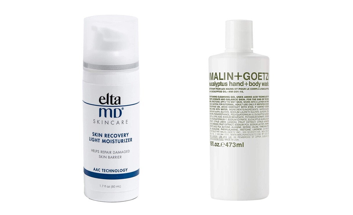 A bottle of EltaMD moisturizer and Malin and Goetz body wash.