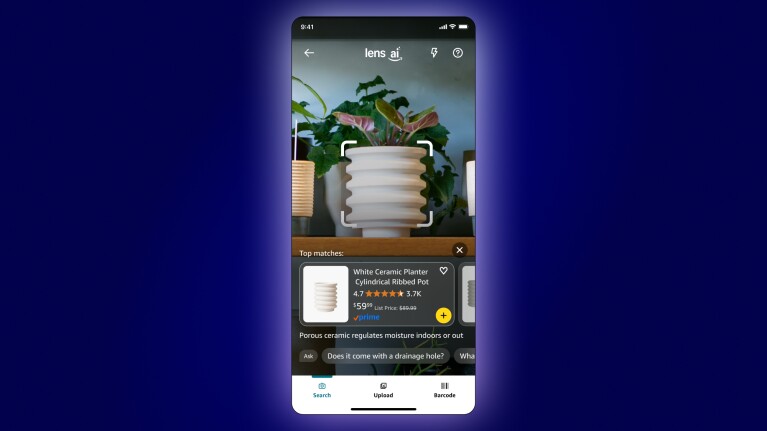 Amazon Lens AI app identifying white ceramic planter on smartphone screen