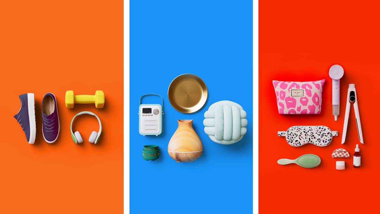 An image with three different images overlaid. One shows various products on an orange background, another shows products against a blue background, and another shows items against a red background.