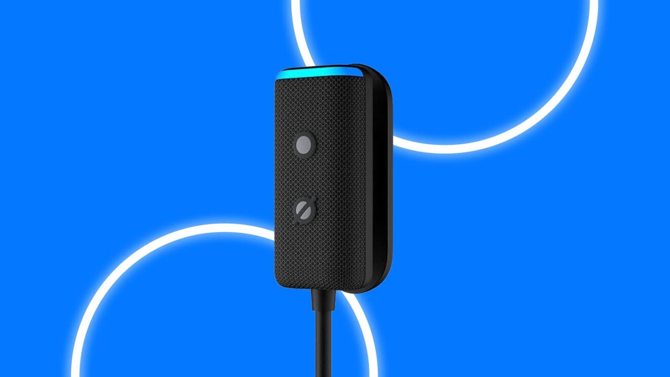 Sleek black smart speaker with blue accent on vibrant blue background