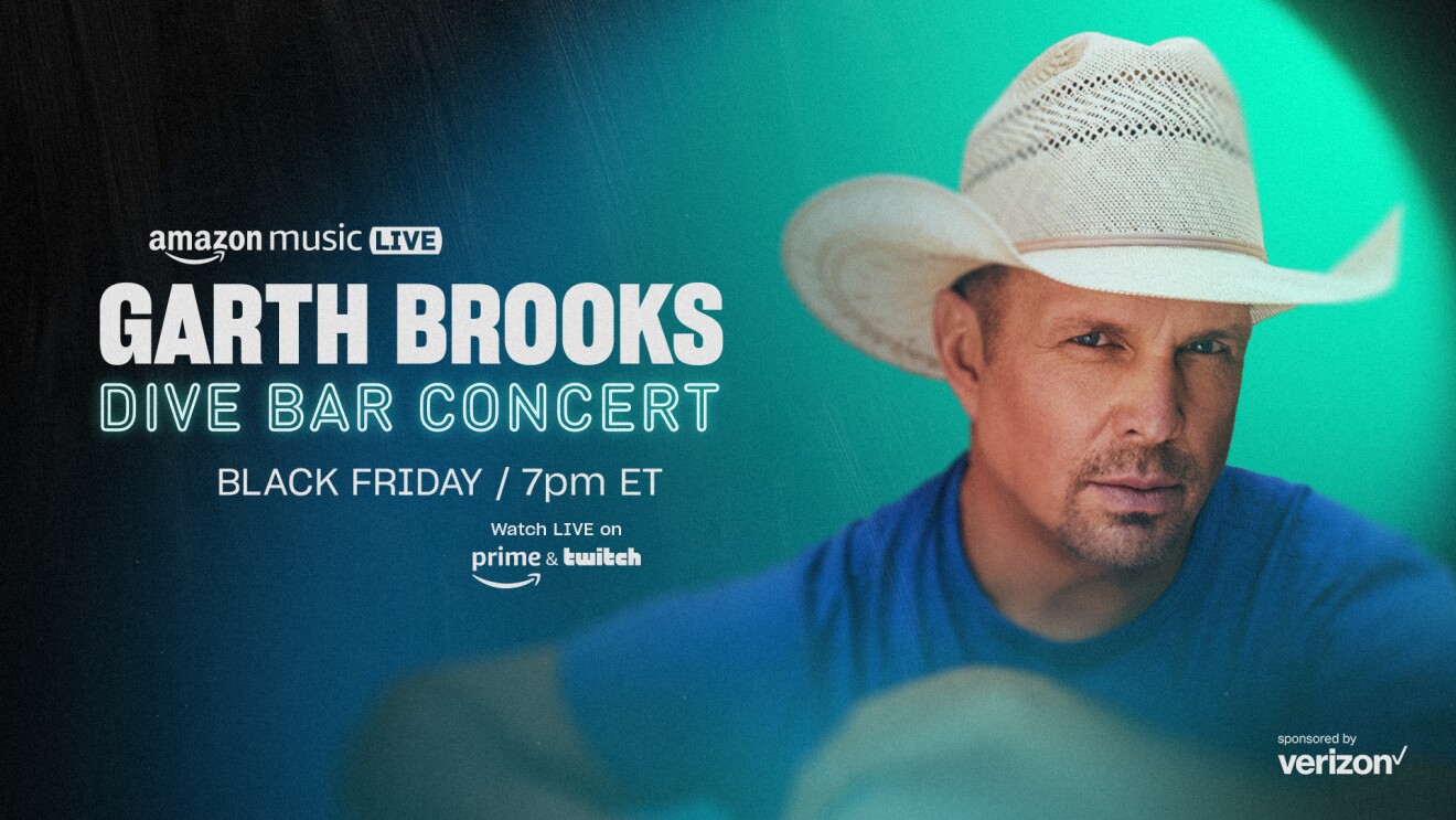 An image of Garth Brooks. Next to his image is text that reads "Amazon Music Live, Garth Brooks Dive Bar Concert, Black Friday 7p.m. ET