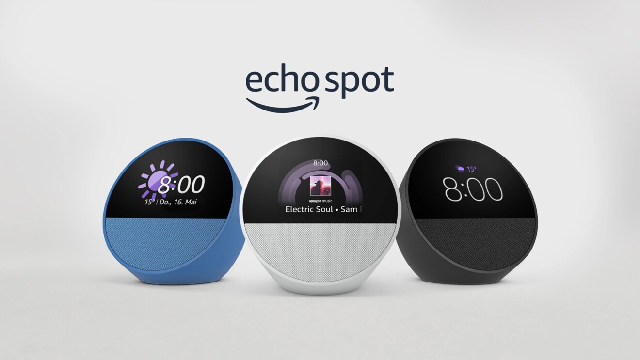 3 Amazon Echo Spot Geräte in den Farben Blau, Grau, Schwarz