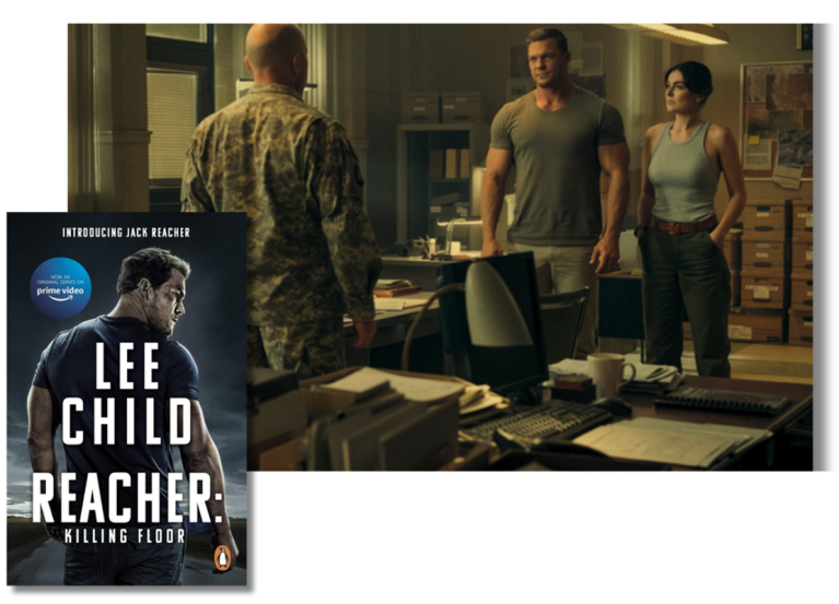 The front cover of the book Reacher and an episode still from the show showing two men and a woman in an office