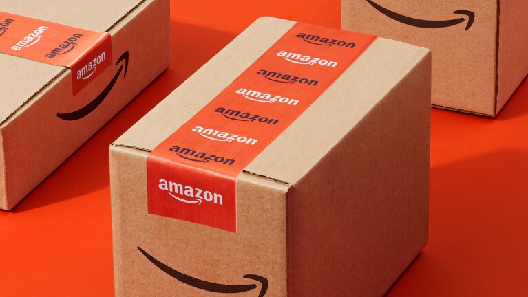 An image of an Amazon box with orange tape