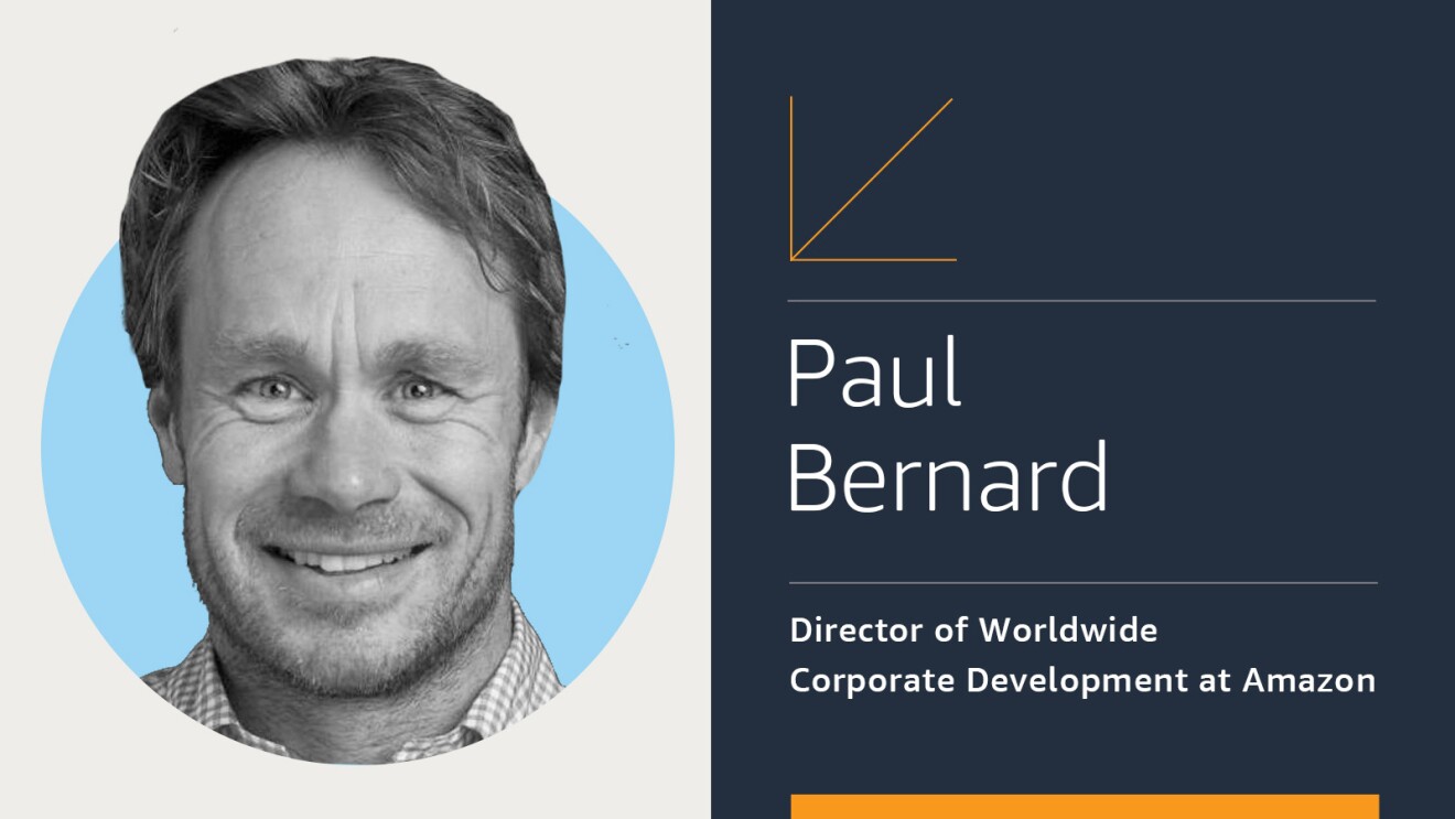 An employee card of Paul Bernard showing his headshot and title that reads: "Paul Bernard, Director of Worldwide Corporate Development at Amazon, which leads the Alexa Fund."