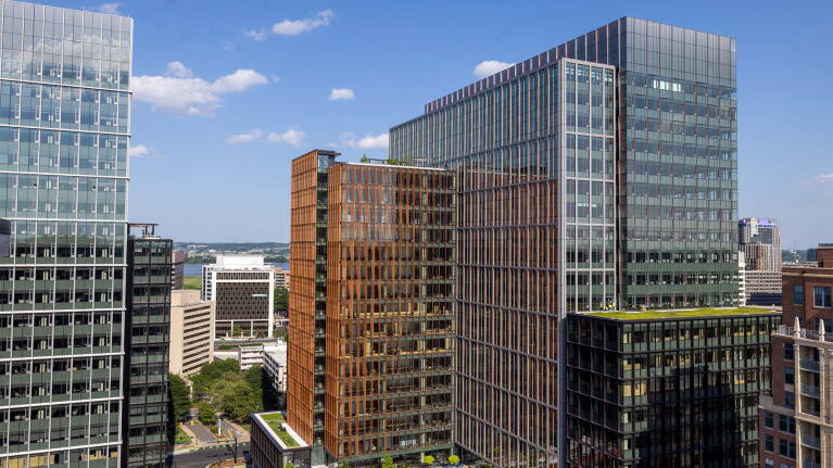 The exterior of Amazon's HQ2 in Arlington, VA.