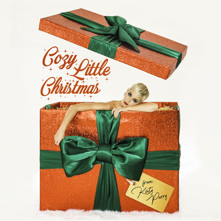 Katy Perry looks at the camera, draped against the top edge of a Christmas gift box. 