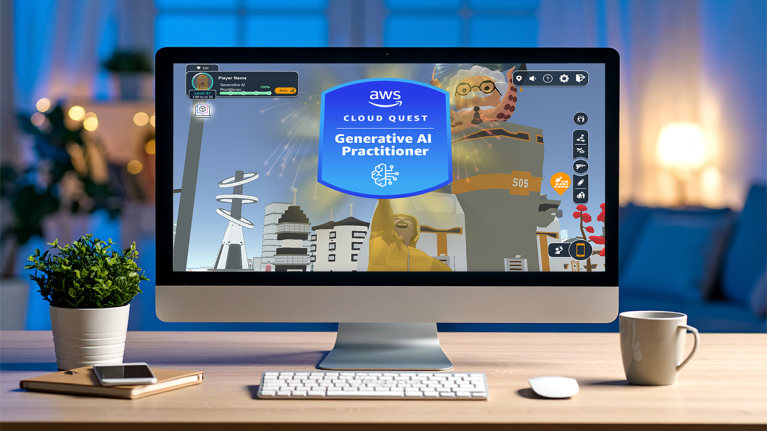 Computer screen displaying AWS Cloud Quest Generative AI Practitioner game interface