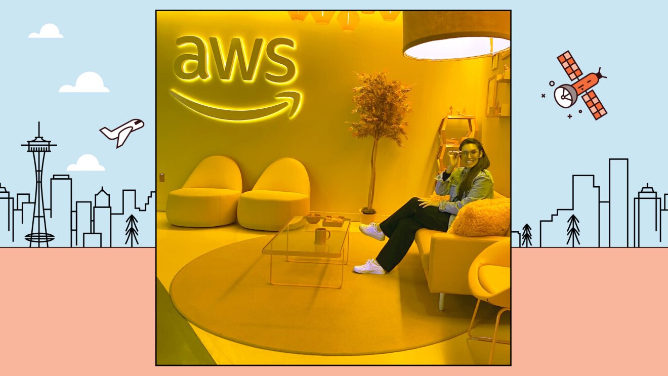 Graphic image of the Seattle skyline with an image of a woman sitting in the yellow AWS lounge overlaid.