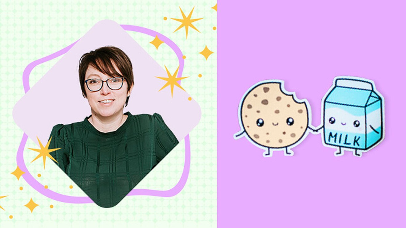 A side by side of a headshot of Amber Murray on the left and an image of Fidget Stickers on the right.