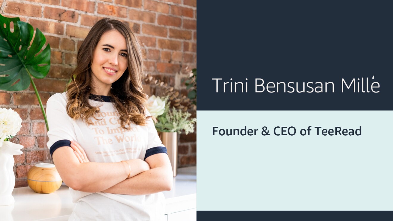 An info card that includes the headshot of a woman wearing a white graphic T-shirt on the left, and text that reads "Trini Bensusan Mille Founder & CEO of TeeRead" on the right with two shades of blue in the background. 