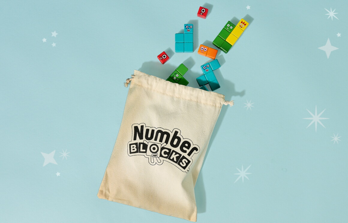 Colorful Number Blocks spilling out of a canvas bag