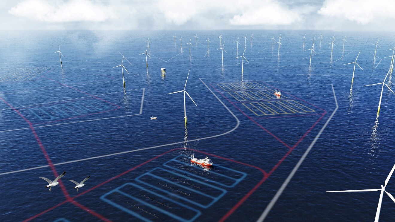 CGI of how a seaweed farm between offshore wind turbines could look from above the ocean ©Smartland