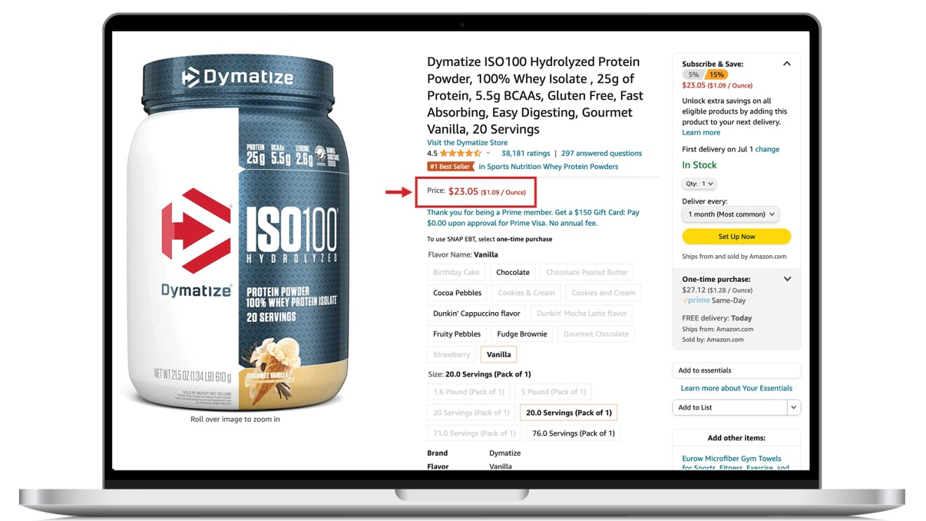 Tub of dymatize protein powder amazon product page with a red arrow and box highlighting the price per unit feature