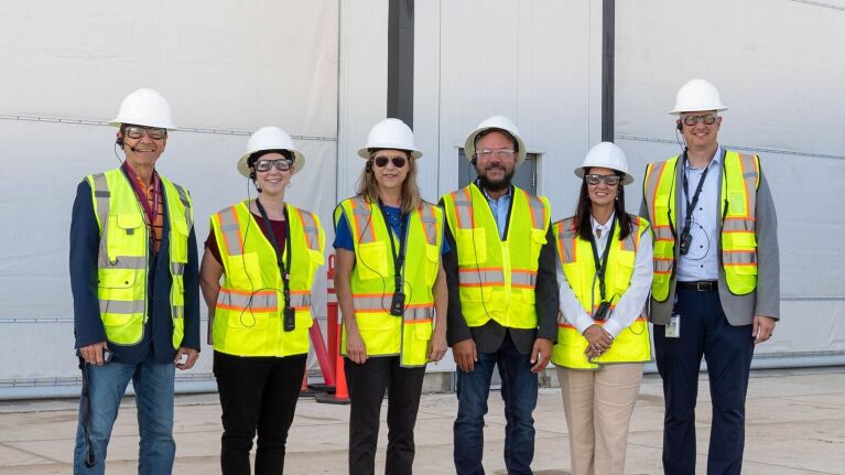 Florida State Representative Thad Altman, Project Kuiper Head of Launch Systems Melissa Wuerl, Kennedy Space Center Director Janet Petro, Amazon VP for Public Policy and Community Engagement Brian Huseman, Florida Lt. Gov. Jeanette Nuñez, and Space Florida CEO Rob Long on a site visit of Project Kuiper’s satellite processing facility at Space Florida's Launch and Landing Facility at Kennedy Space Center.