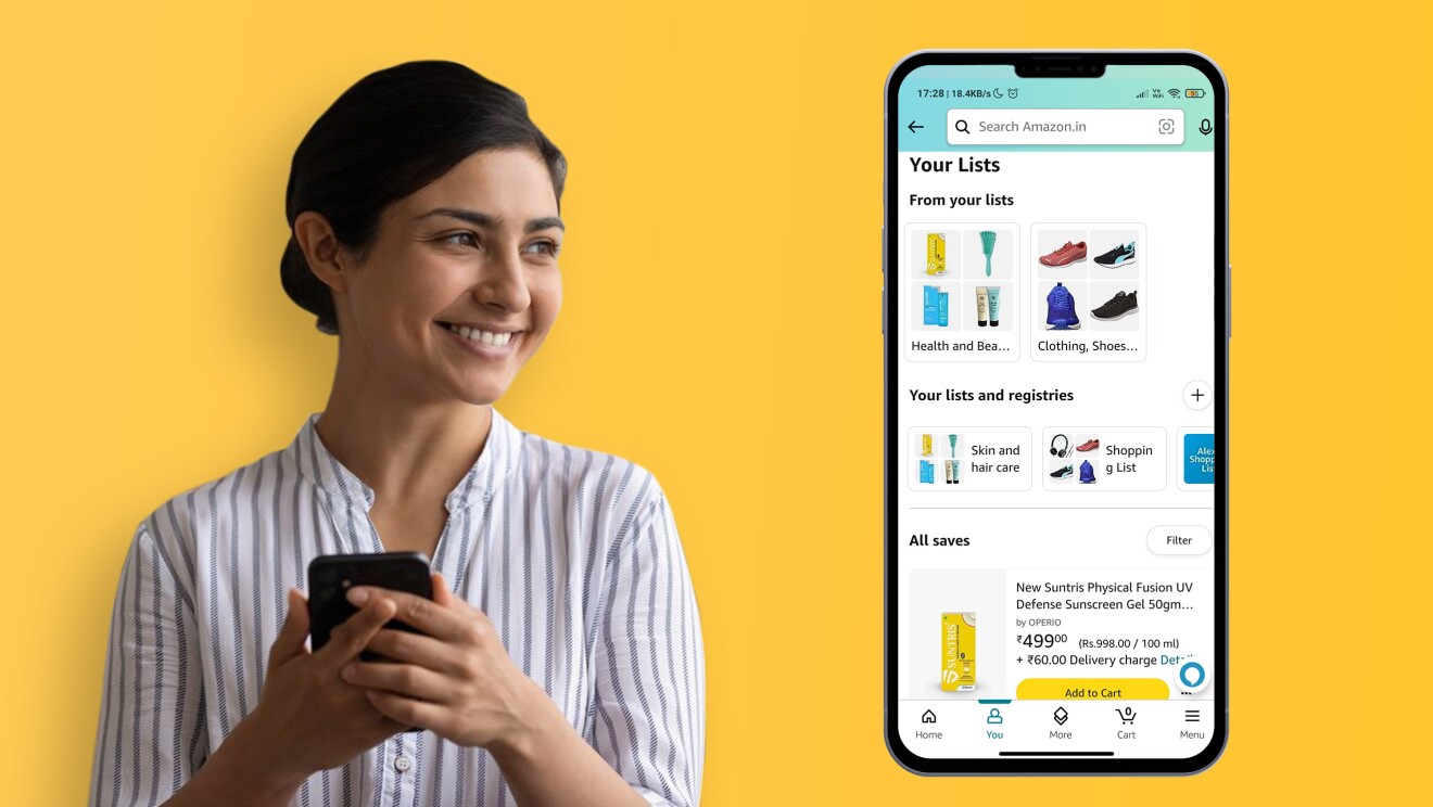 A woman using the Amazon wishlist feature