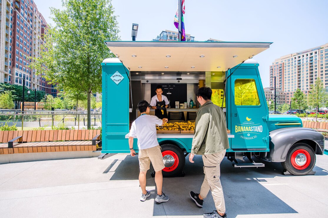 An image of the free banana stand outside Amazon's HQ2 campus