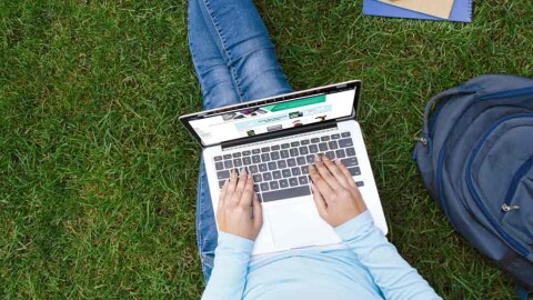 A woman types on the keyboard of a laptop while sitting in the grass.