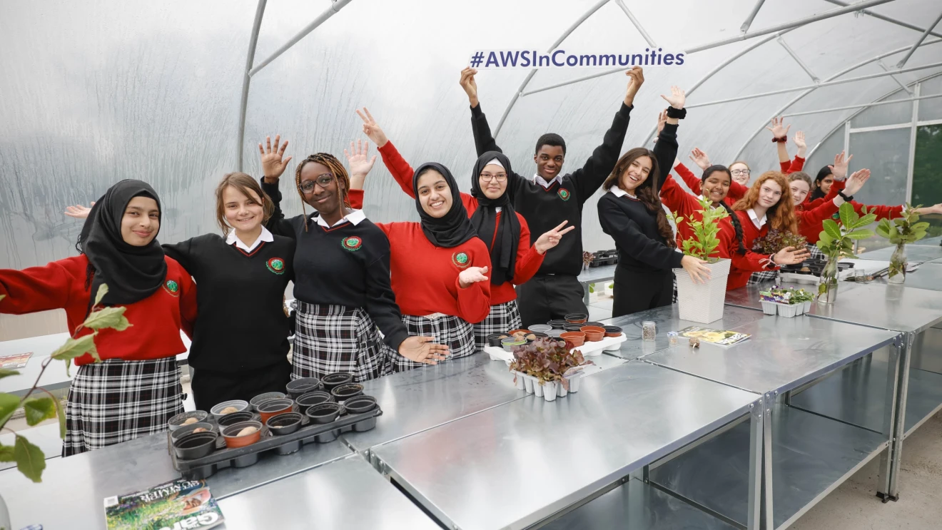 Irish students pose for photo for AWS in Communities event