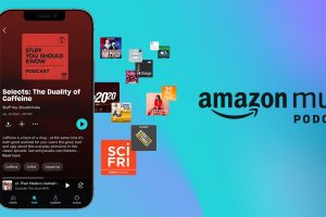 Amazon Music Podcasts app interface, displaying podcast recommendations