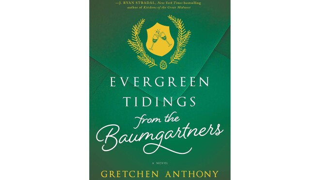 一个黄色的顶部显示两个香槟杯敬酒,周围是常绿树枝和一个松果,在森林绿色的放大信封上。书名用白色书写,作者姓名用黄色书写。