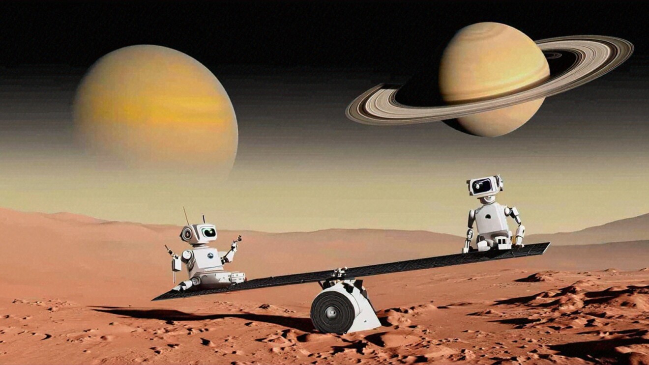 An image of two robots on the moon, sitting on a see-saw balancing each other.