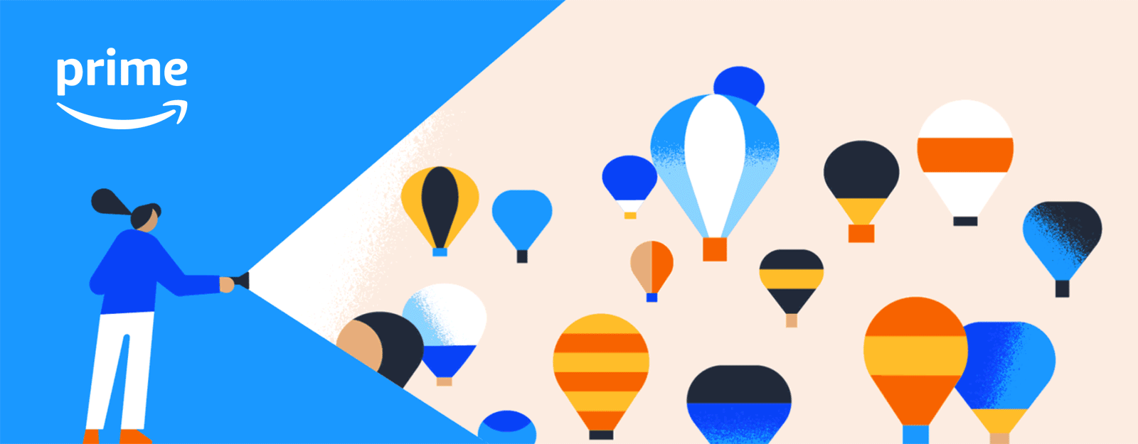 An illustrated GIF of someone shining a flashlight on hot air balloons with the Amazon Prime logo.