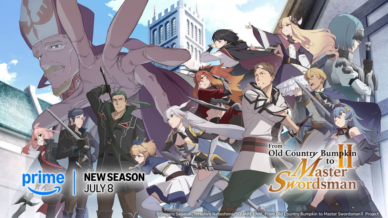 'From Old Country Bumpkin to Master Swordsman II' promotional artwork featuring anime cast of warriors and armored fighters