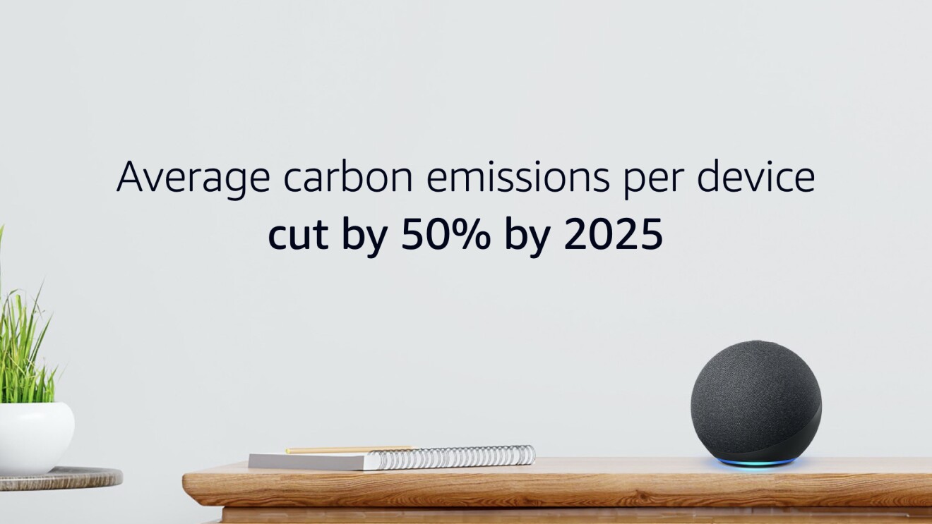 A lifestyle image with an Echo Device, notebook, and plant, text says "Average carbon emissions per device cut by 50% by 2025."