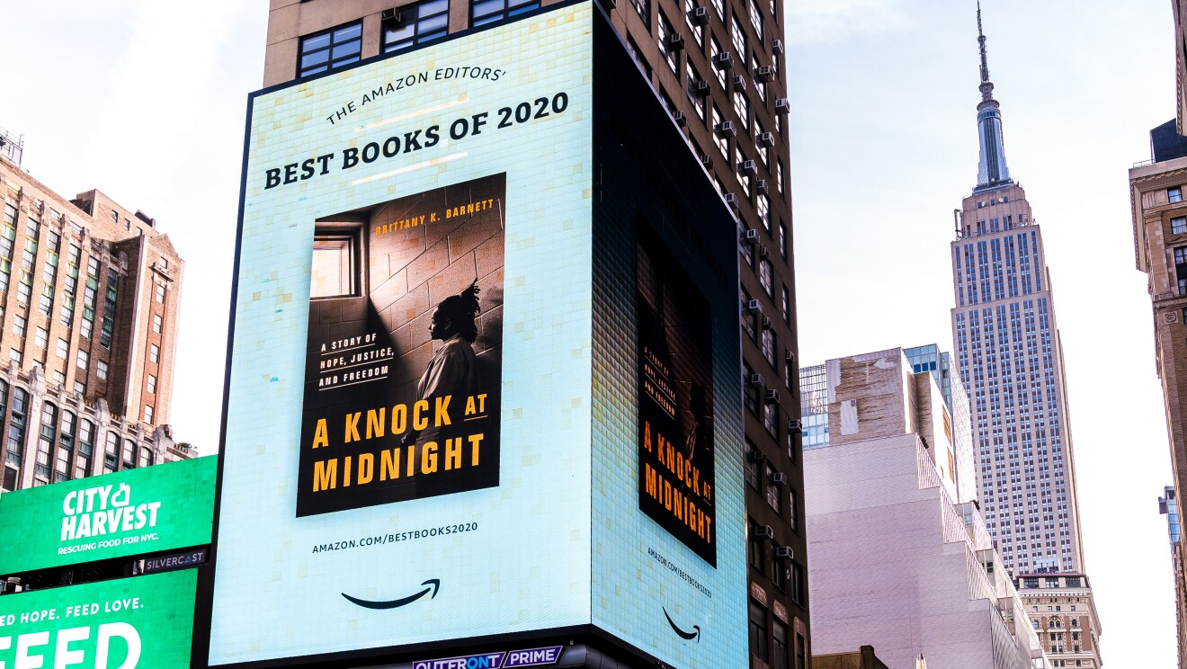 New York Square takeover of book title included Amazon's Best Books of the Year 2020 list.