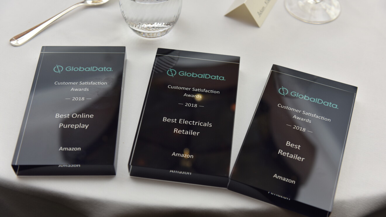 An image of three awards won by Amazon at the GlobalData Customer Satisfaction Awards 2018. The three awards are for Best Online Pureplay, Best Electricals Retailer and Best Retailer.