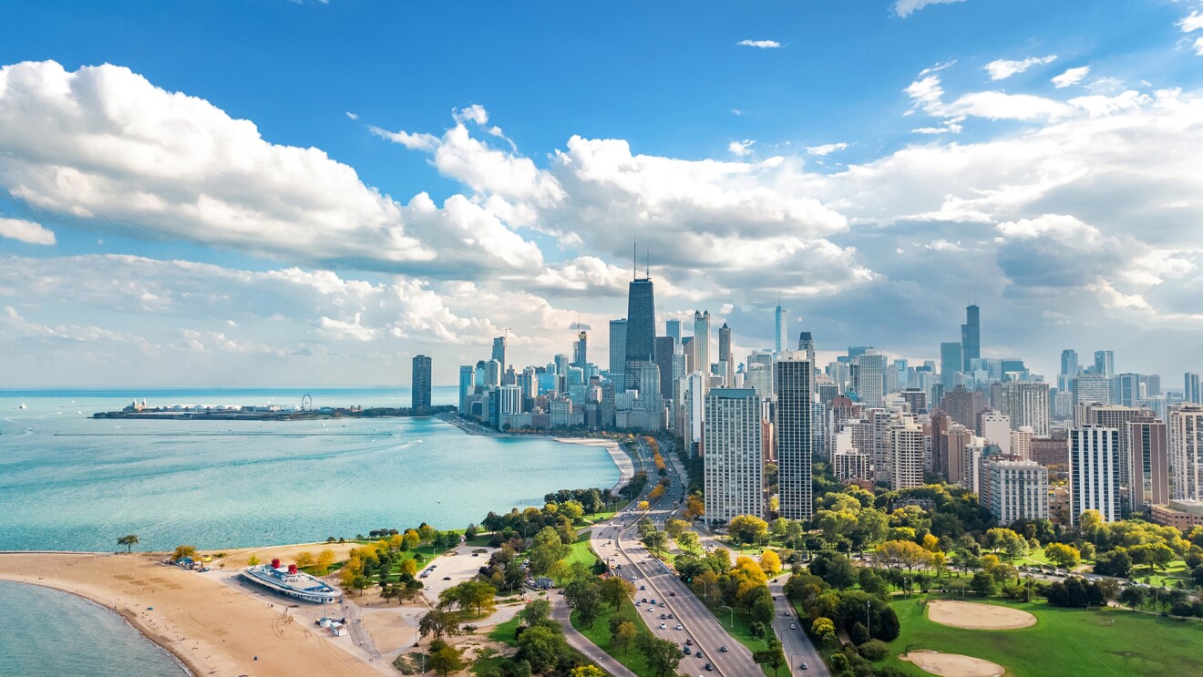 Chicago skyline aerial drone view from above lake Michigan.