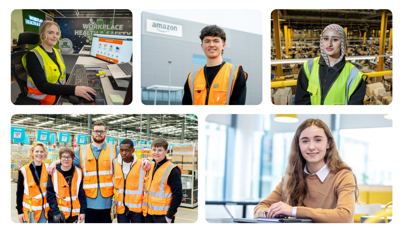 Collage of young people engaging in various Amazon programmes to support young people into work 