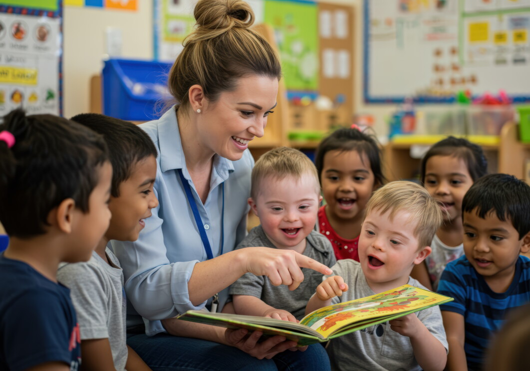 A teacher reading a picture book to a group of young kids. 