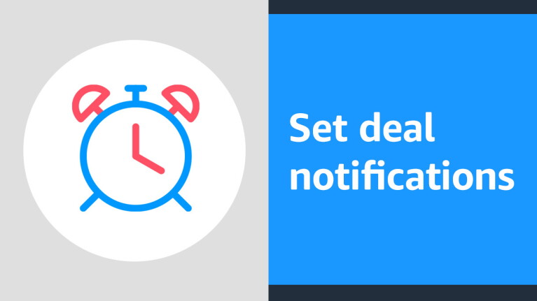 An illustrated image that shows a clock and text that reads "set deal notifications"