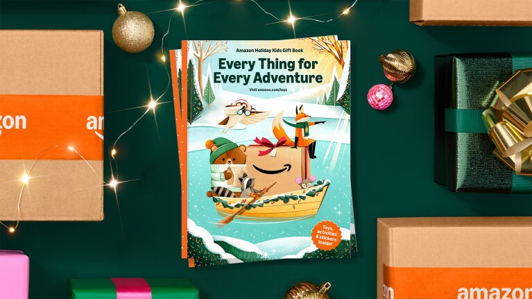Amazon Holiday Kids Gift Book surrounded by packages and ornaments
