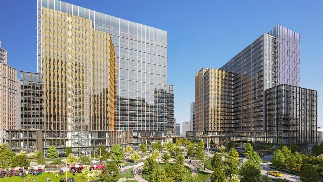 位于弗吉尼亚州阿灵顿的亚马逊第二总部大都会公园的效果图。