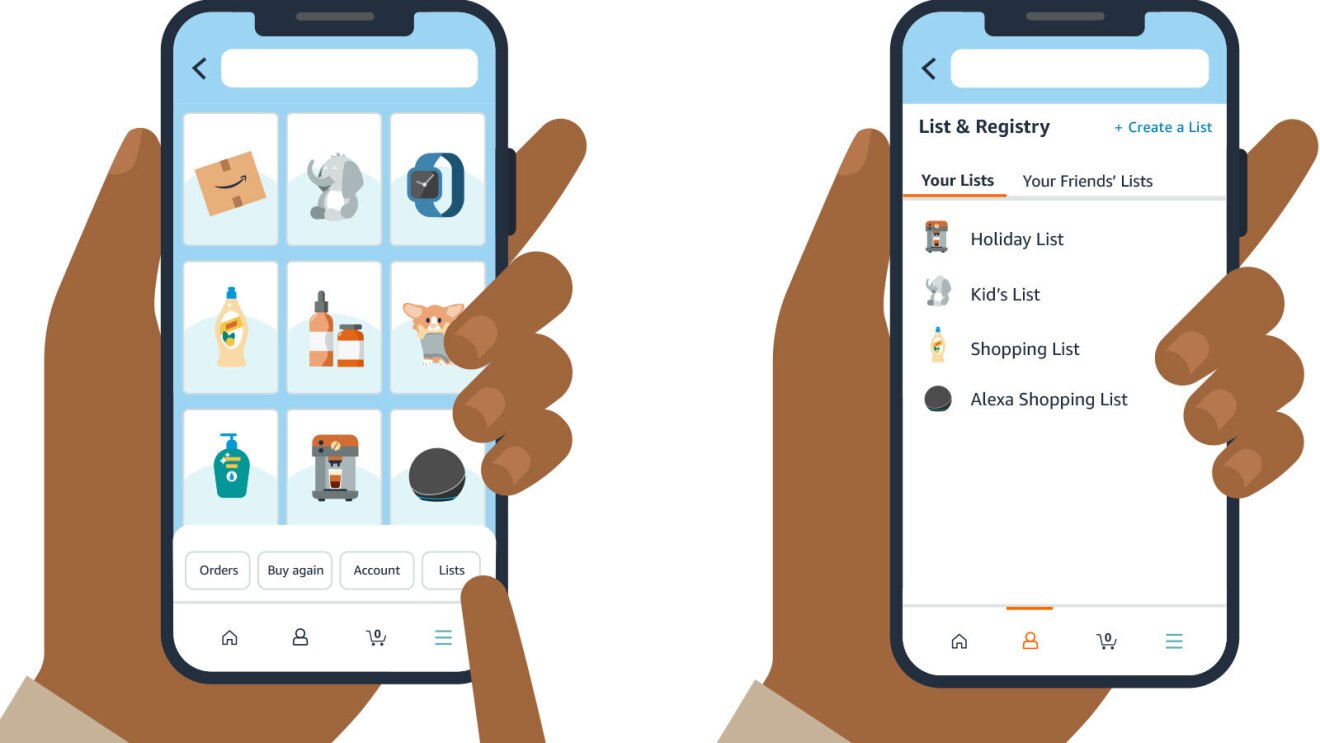 两个智能手机屏幕显示亚马逊愿望清单的插图。