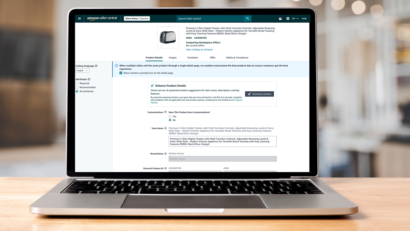 Amazon Seller Central interface for enhancing product details