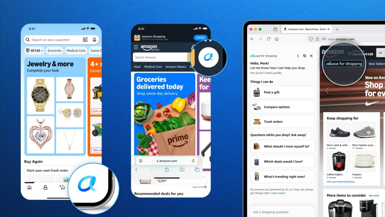 Amazon's Alexa for Shopping interface displayed across mobile and desktop devices