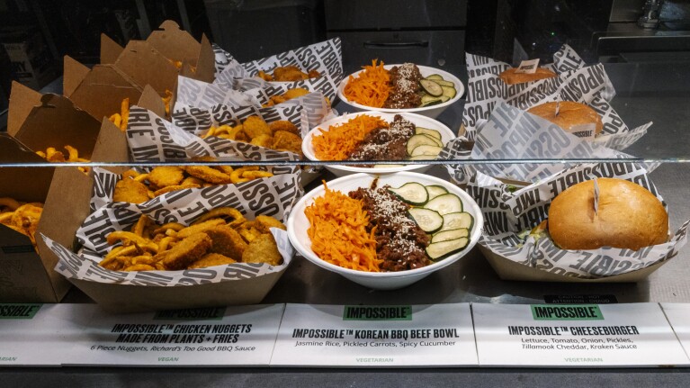 An image of an assortment of food items from IMPOSSIBLE Kitchen, available at Climate Pledge Arena in Seattle.