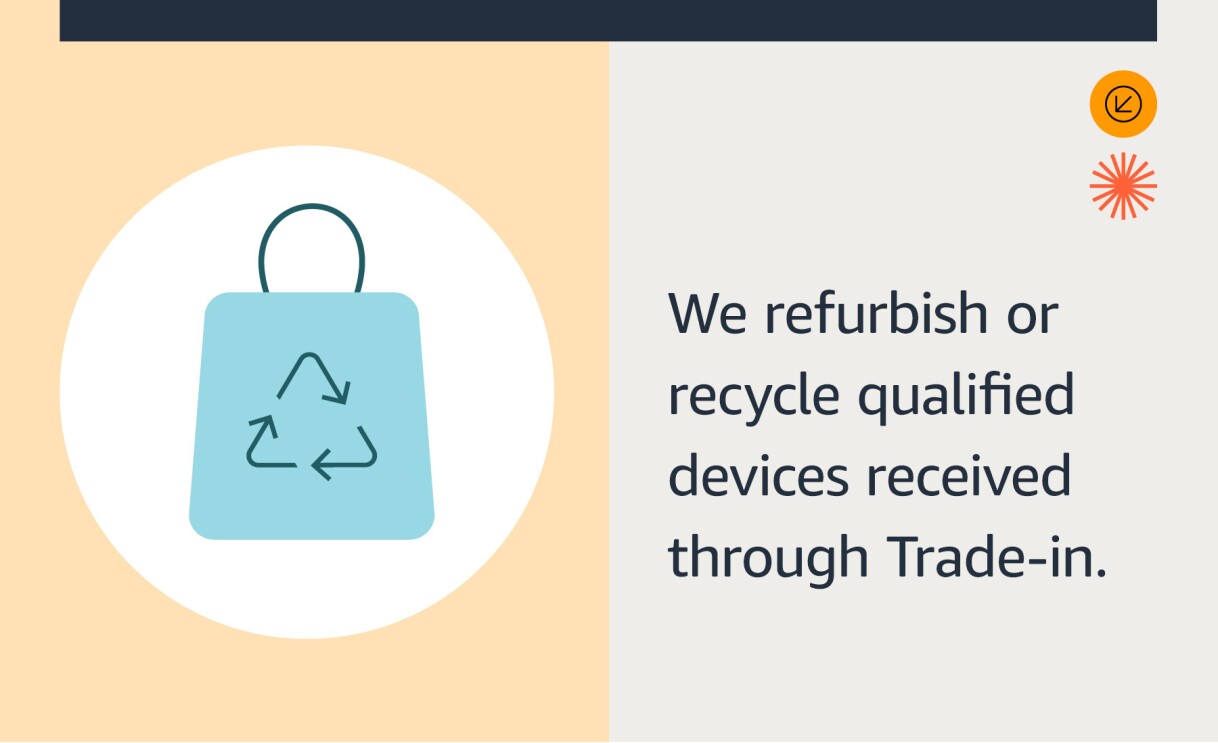 illustration of shopping bag with a recycle symbol on it next to the text "we refurbish or recycle qualified devices received through Trade-in" 