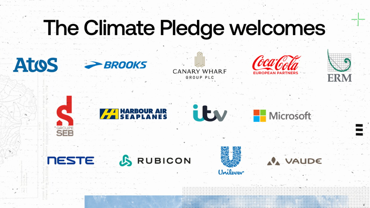 Sobre un cuadro blanco los logos de Atos, Brooks, Canary Wharf Group, Coca-Cola European Partners, ERM, Groupe Seb France, Harbour Air, ITV, Microsoft, Neste, Rubicon, Unilever, y Vaude  con un texto de The CLimate Pledge welcomes.
